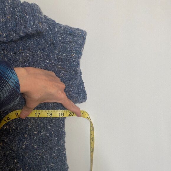 Handmade Cable Knit Shawl Collar Blue Speckled Yarn Cardigan Ribbed Sleeve Small - Picture 9 of 10